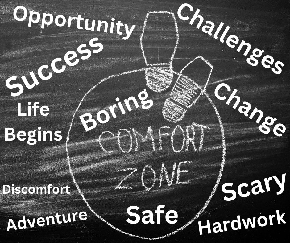 Outside the Comfort zone,. Outside is scary, challenges,opportunity, adventure, success, hard work, discomfort, life begins.
